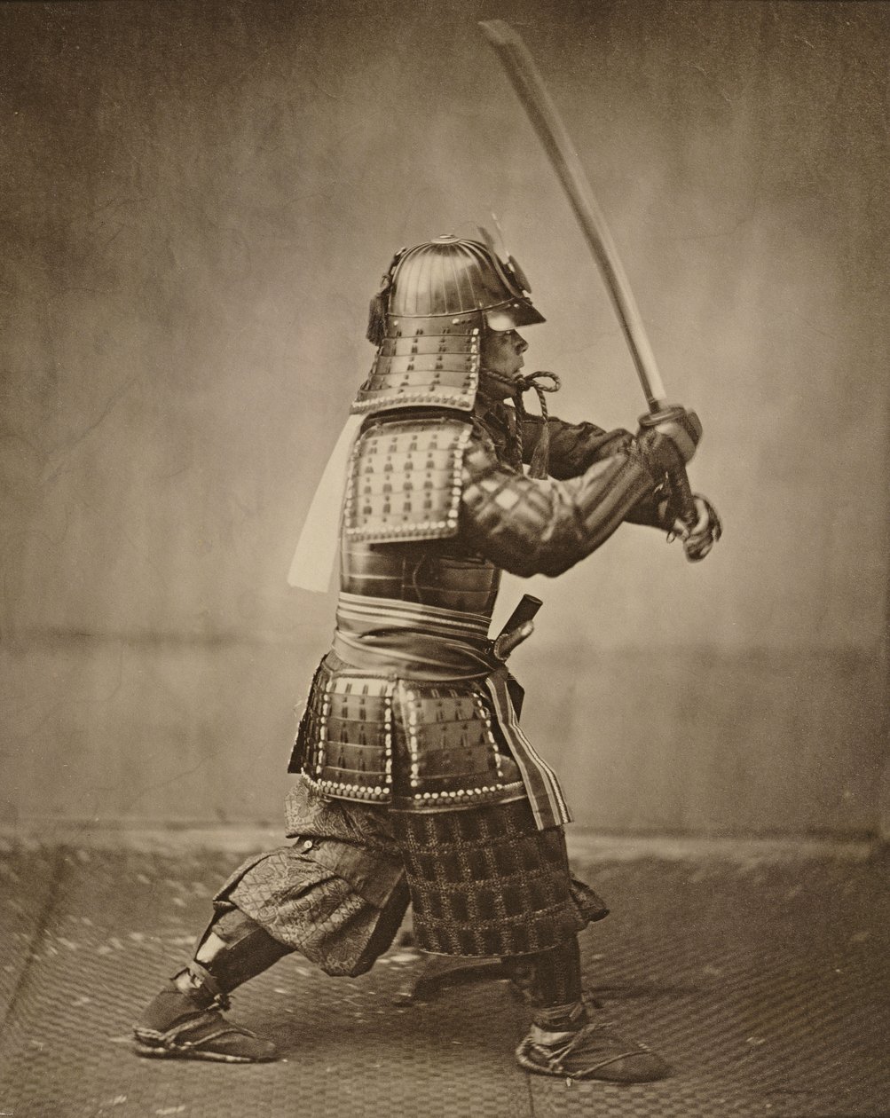 Samurai med hævet sværd, ca. 1860 (albumin print) af Felice Beato
