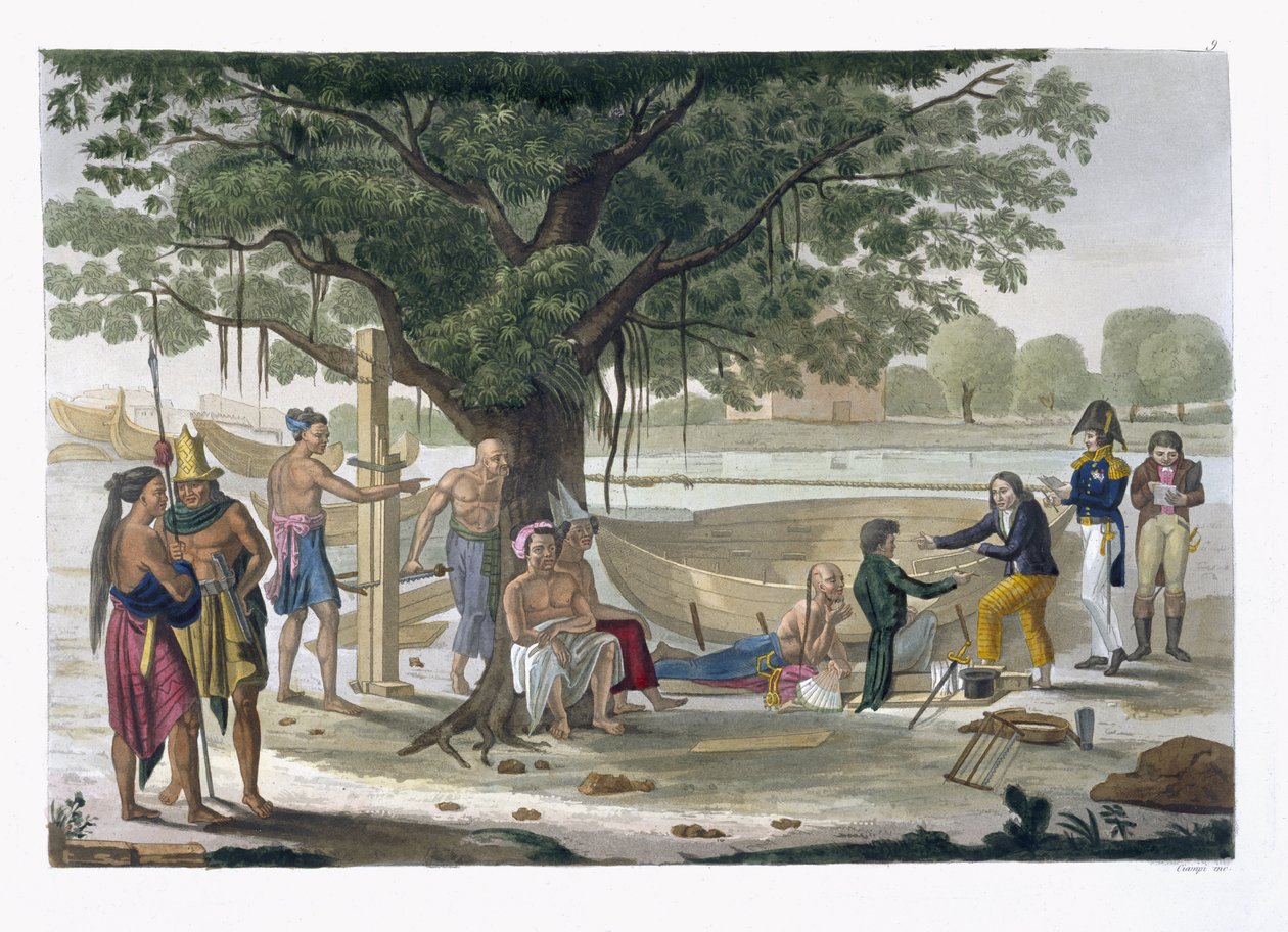 Bådværft nær Kupang, Timor, planche 9 fra "Le Costume Ancien et Moderne" af Jules Ferrario, udgivet i 1820-30