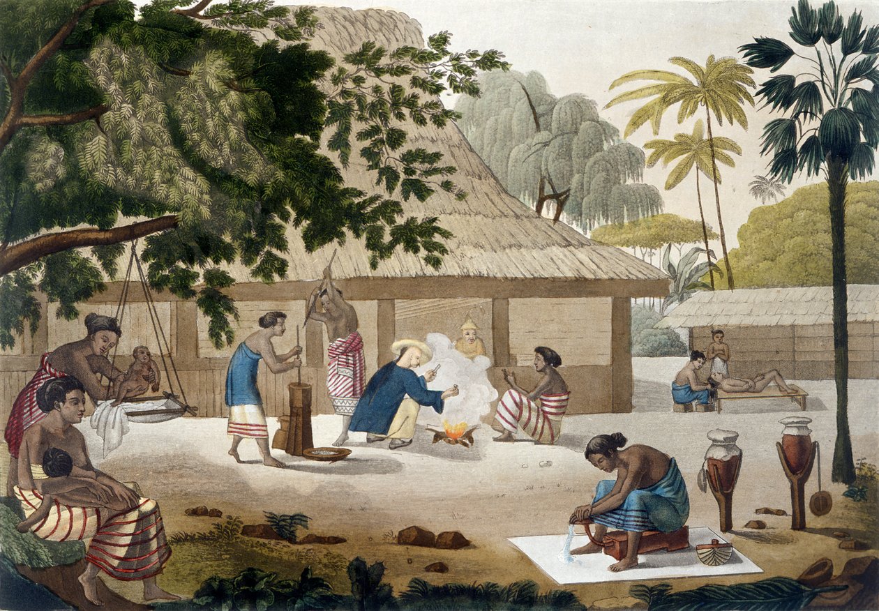 Husholdningsliv i Kupang, Timor, planche 10 fra "Le Costume Ancien et Moderne" af Jules Ferrario, udgivet omkring 1820-30