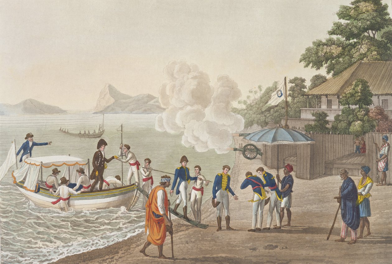 Franskmændenes første landgang ved den portugisiske forpost i Dille, Timor, planche 5 fra "Le Costume Ancien et Moderne" af Jules Ferrario, udgivet omkring 1820-30