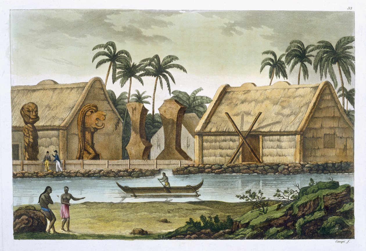 Tamahamahs grav i Kaiakakooa, Sandwichøerne, planche 33 fra "Le Costume Ancien et Moderne" af Jules Ferrario, udgivet omkring 1820-30