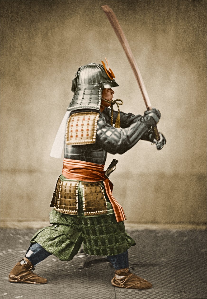Samurai-kriger iført rustning med hævet sværd, ca. 1860 (albumin-fotografi) af Felice Beato