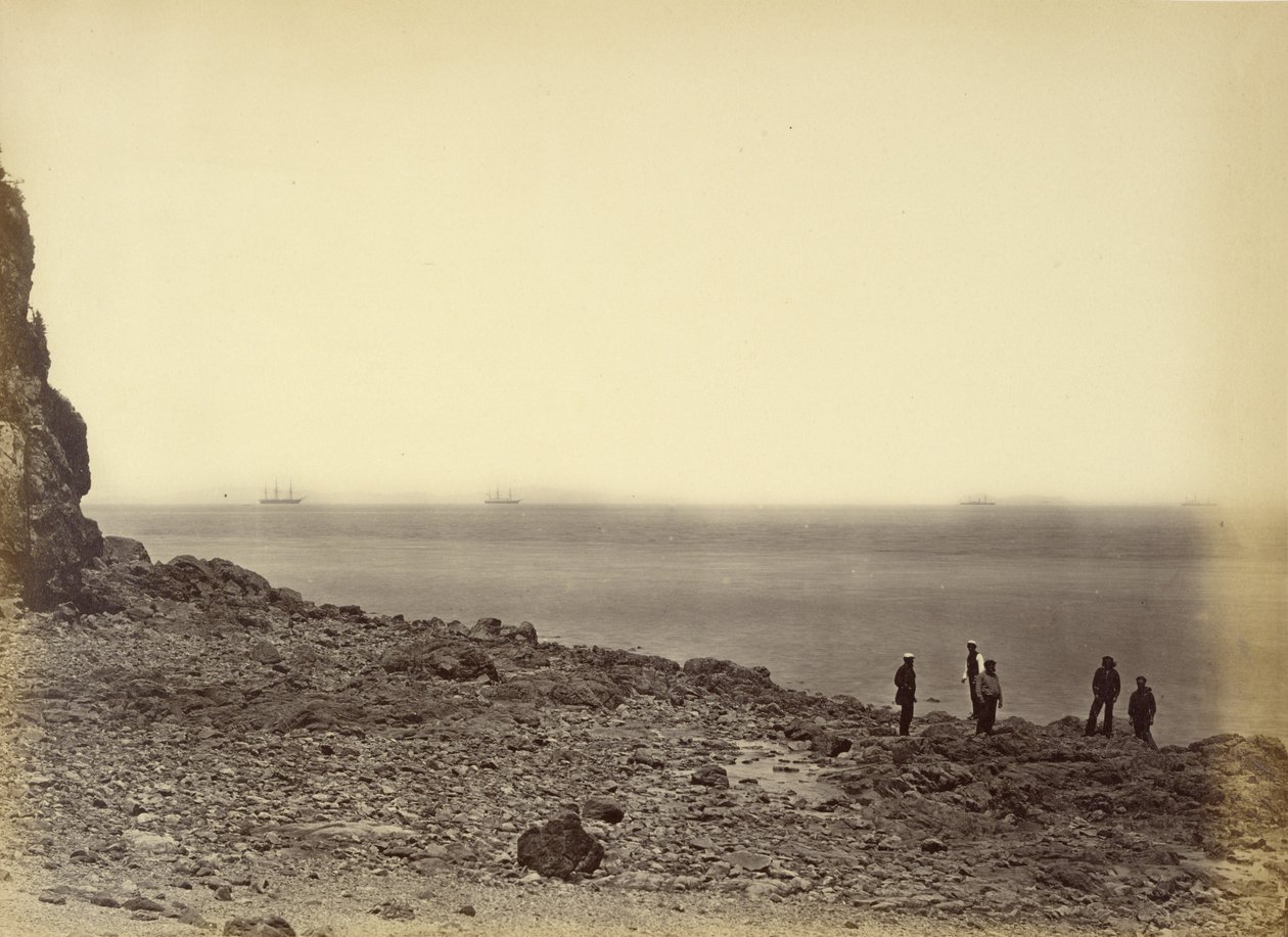 [Udsigt til kysten med skibe i horisonten og fem personer, der står på stranden]. af Felice Beato