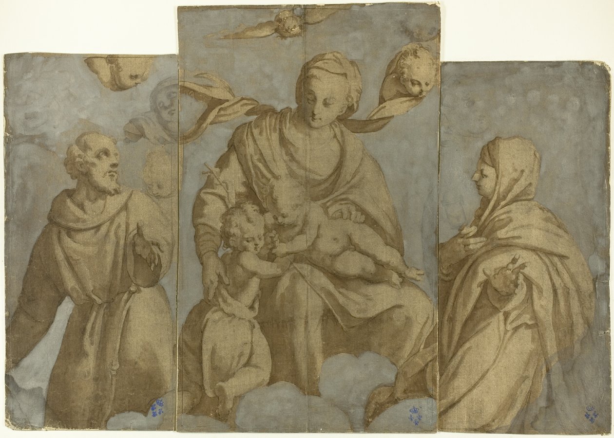 Jomfruen og barnet med Johannes Døberen og de hellige Frans af Assisi og Klara af Felice Brusasorci