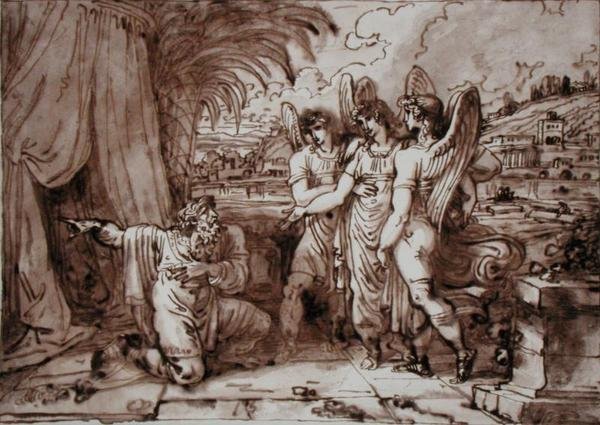 Abraham og englene (pen og brunt blæk, brun vask over blyant på papir) af Felice Giani