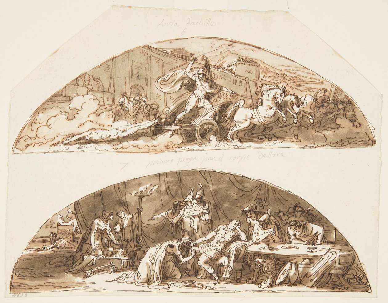 Achilles trækker Hectors krop rundt om Troyens mure, Priam plæderer for Hectors krop, loftsdesign til Galleria di Achille, Palazzo Milzetti, Faenza, Italien af Felice Giani