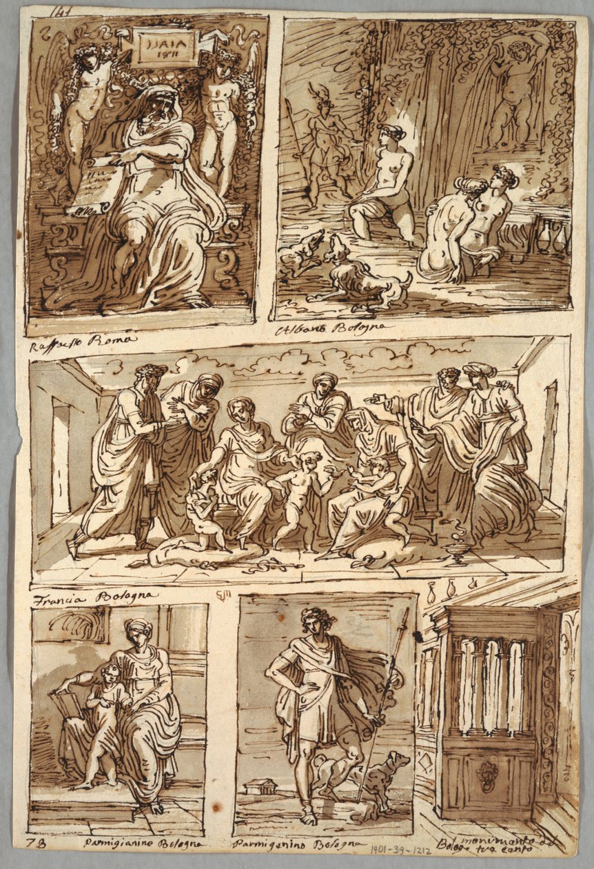 Design efter malerier af Raphael og malerier i Bologna af Albani, Francia, Parmigianino; Monument Verso: Anatomisk undersøgelse af Felice Giani