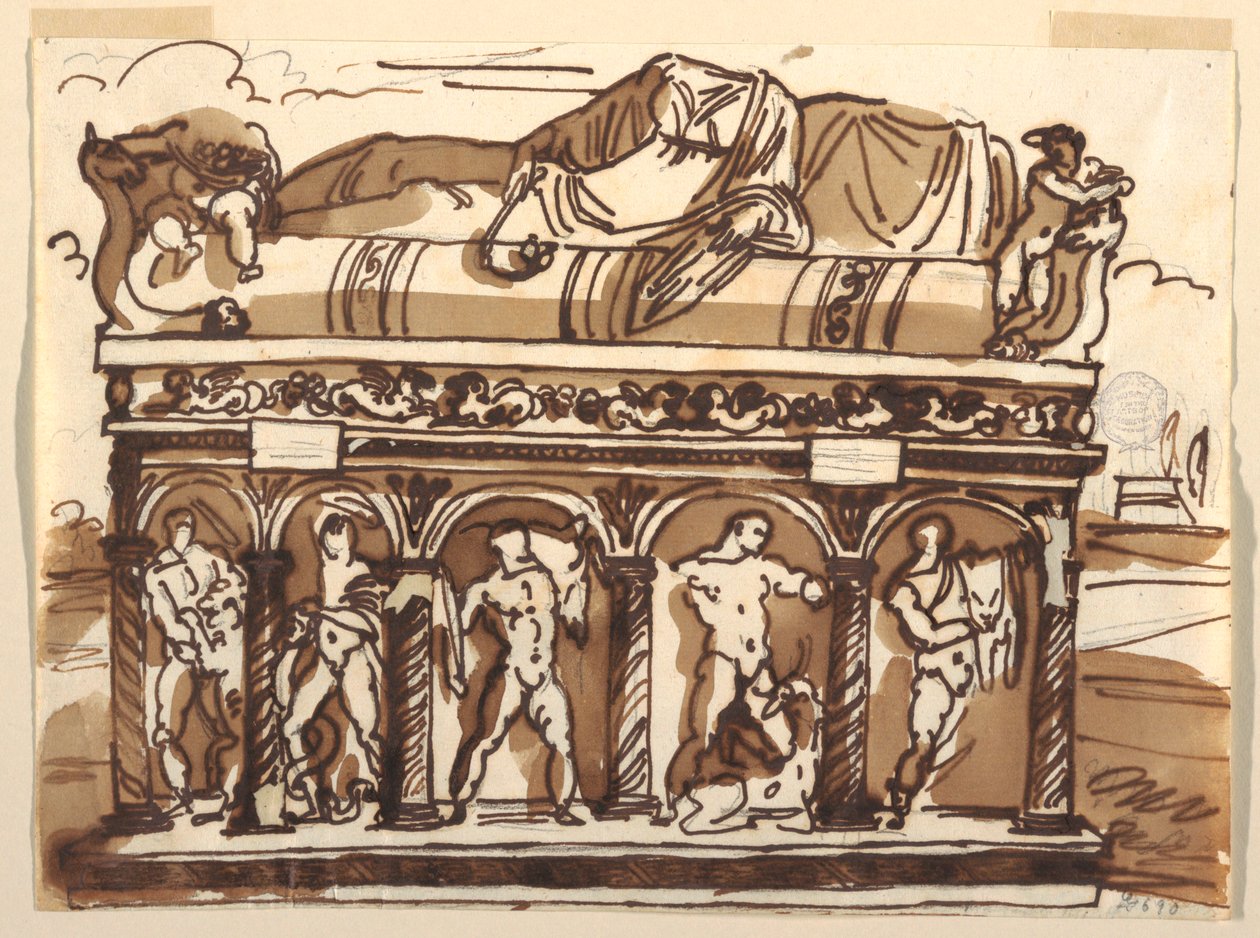 Tegning, En romersk sarkofag i Vatikanmuseet, ca. 1820 af Felice Giani