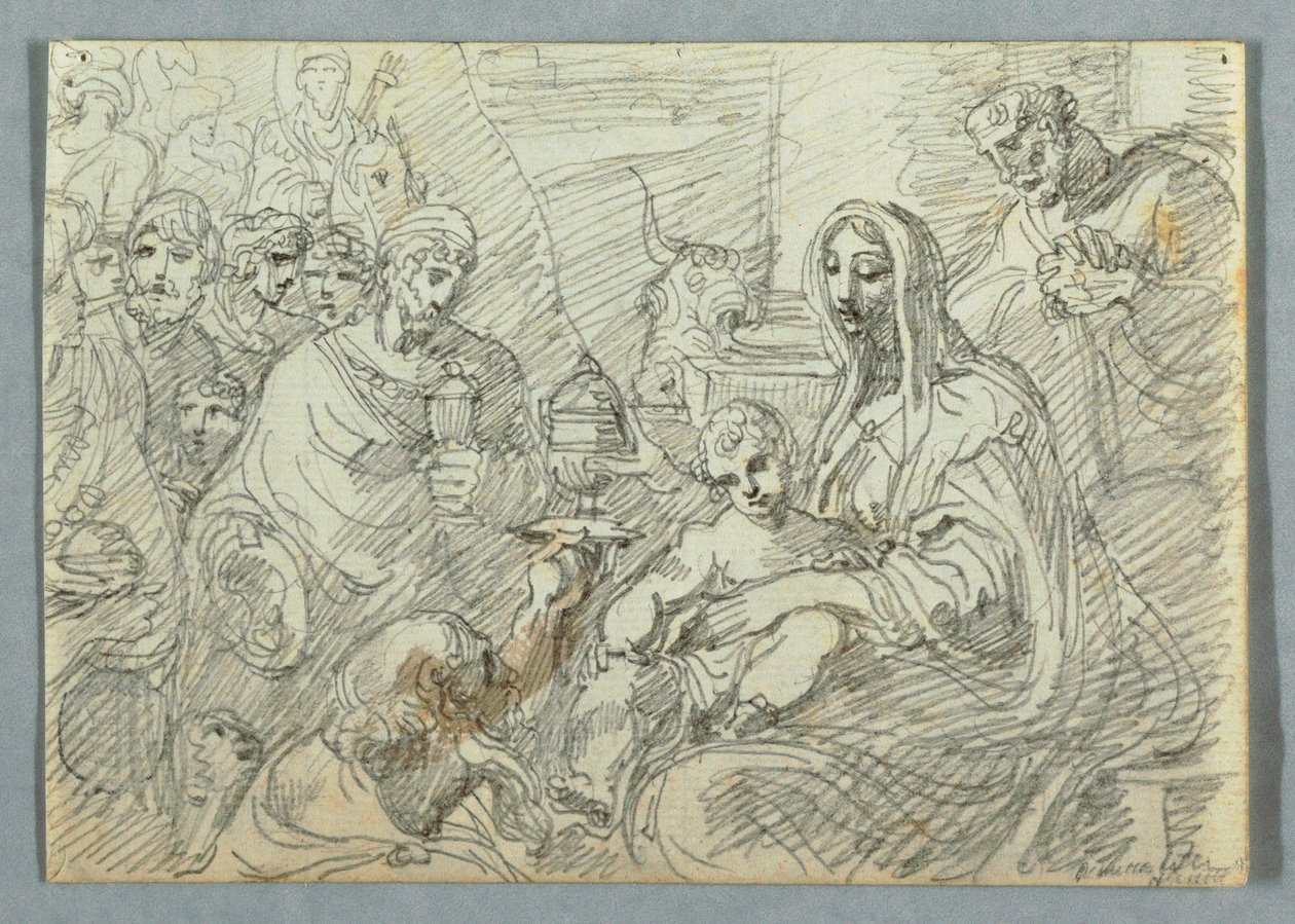 Tegning, Studie af de hellige tre kongers tilbedelse efter Lodovico Carracci, 1800-1820 af Felice Giani