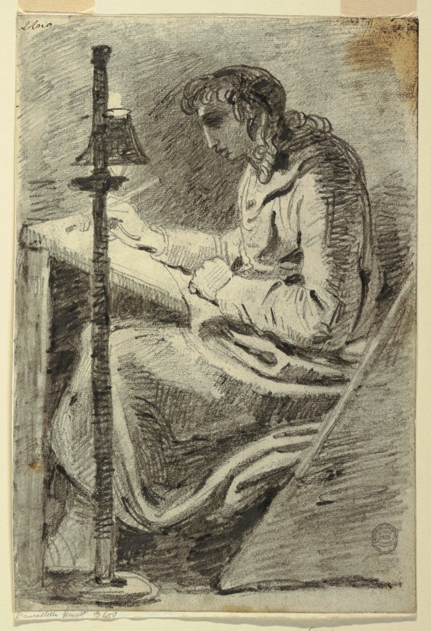 Tegning, En kunstner tegner i lampelys, 1800-1820 af Felice Giani