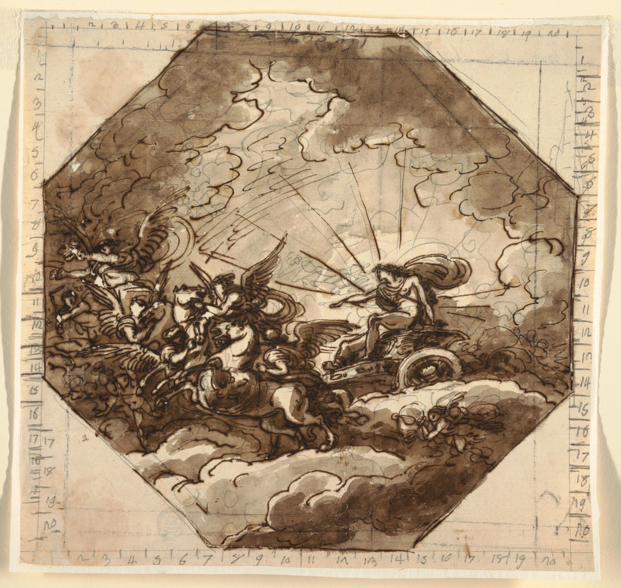 Tegning, Apollo i sin vogn med Aurora, Sala Ottogonale, Palazzo Milzetti, Faenza, 1804-05 af Felice Giani