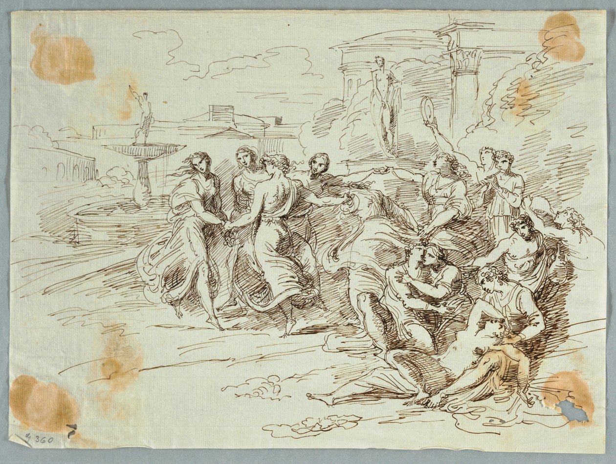 Tegning, bacchanalisk scene med cirkel af dansende figurer, slutningen af det 18. og begyndelsen af det 19. århundrede af Felice Giani