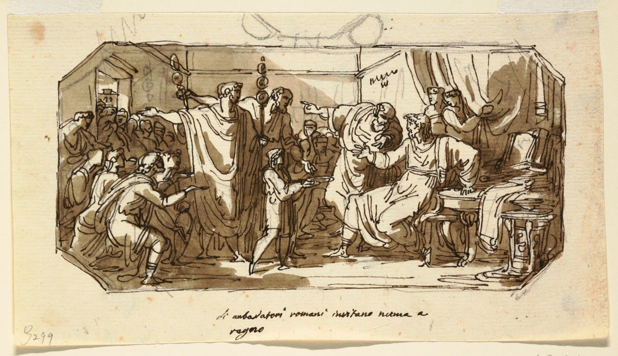 Tegning, loftsdesign: Den romerske ambassadør beder sabineren Numa Pompilius om at regere over Rom, Sala di Numa Pompilio, Palazzo Milzetti, Faenza, 1802-05 af Felice Giani