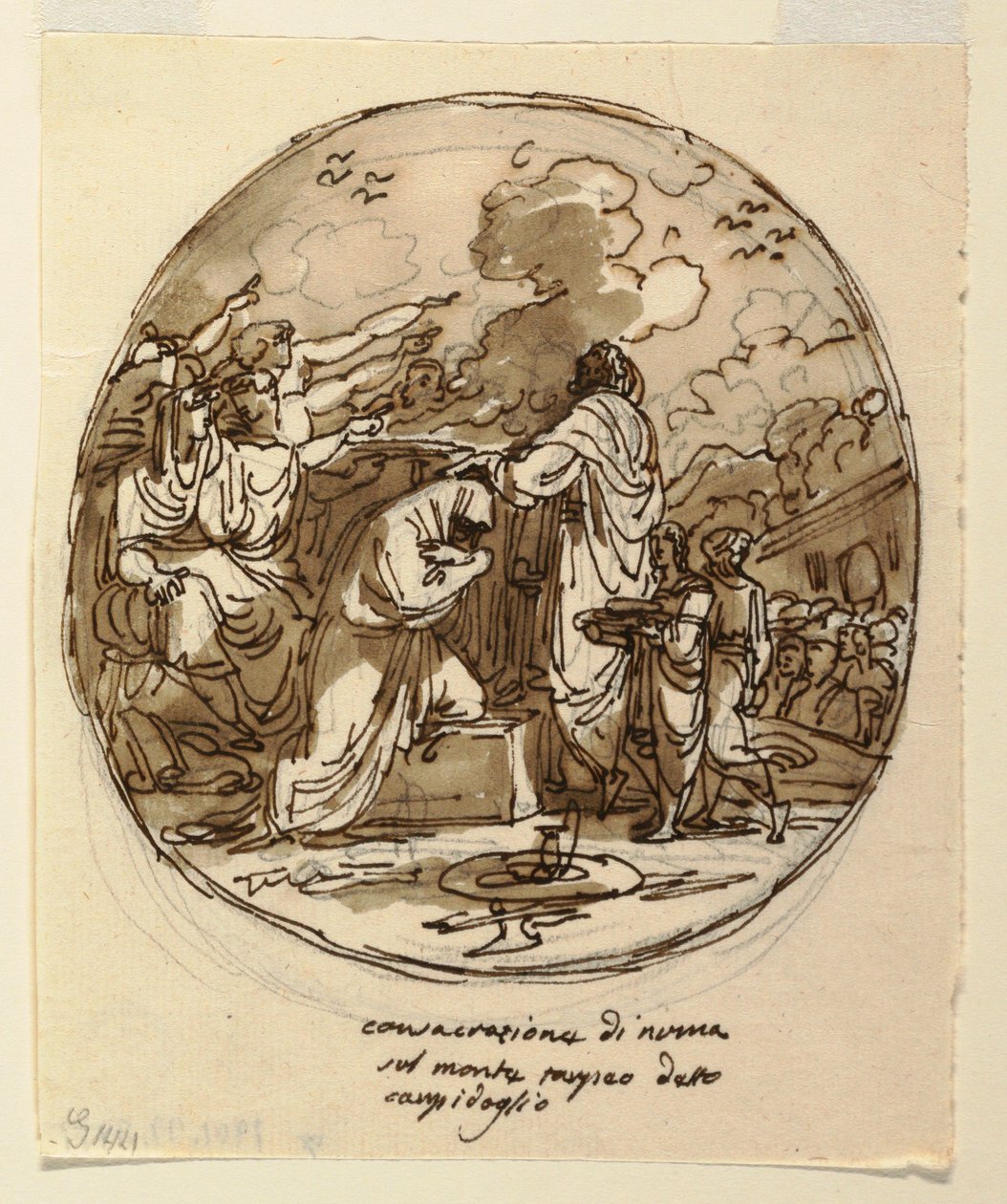 Tegning, loftsdesign til indvielsen af Numa, Sala di Numa Pompilius, Palazzo Milzetti, Faenza, 1802-05 af Felice Giani