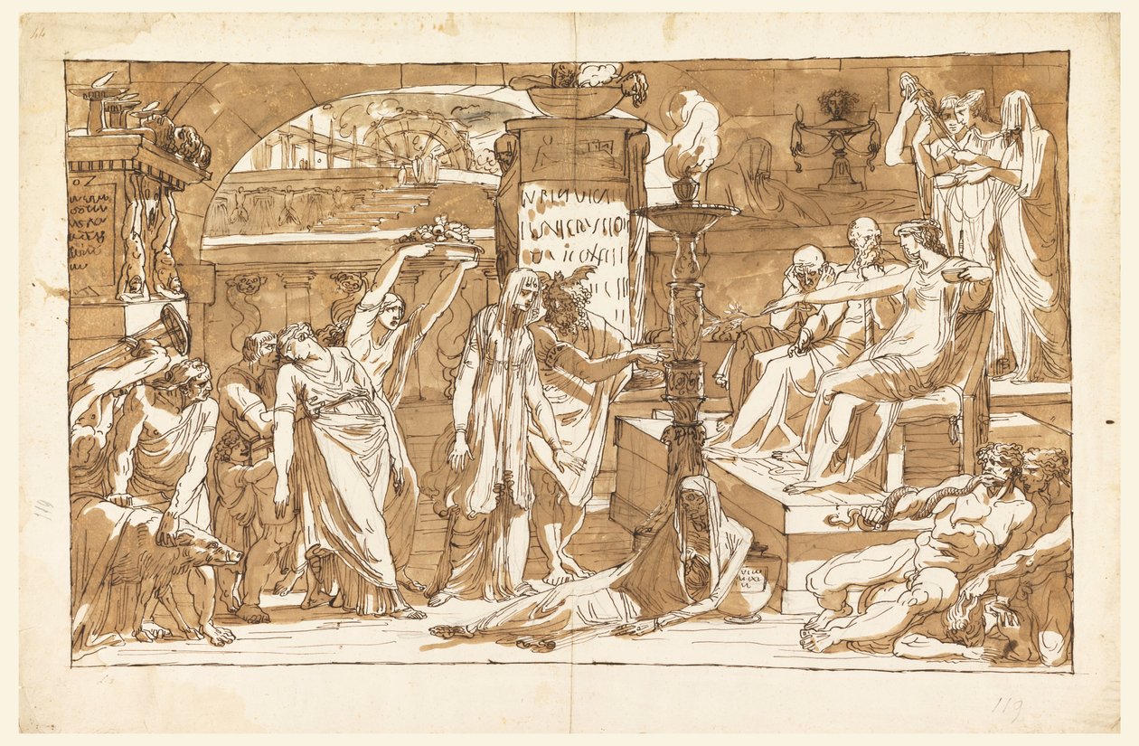 Tegning, Hades; Persefone i underverdenen (offer til Proserpine), ca. 1820 af Felice Giani