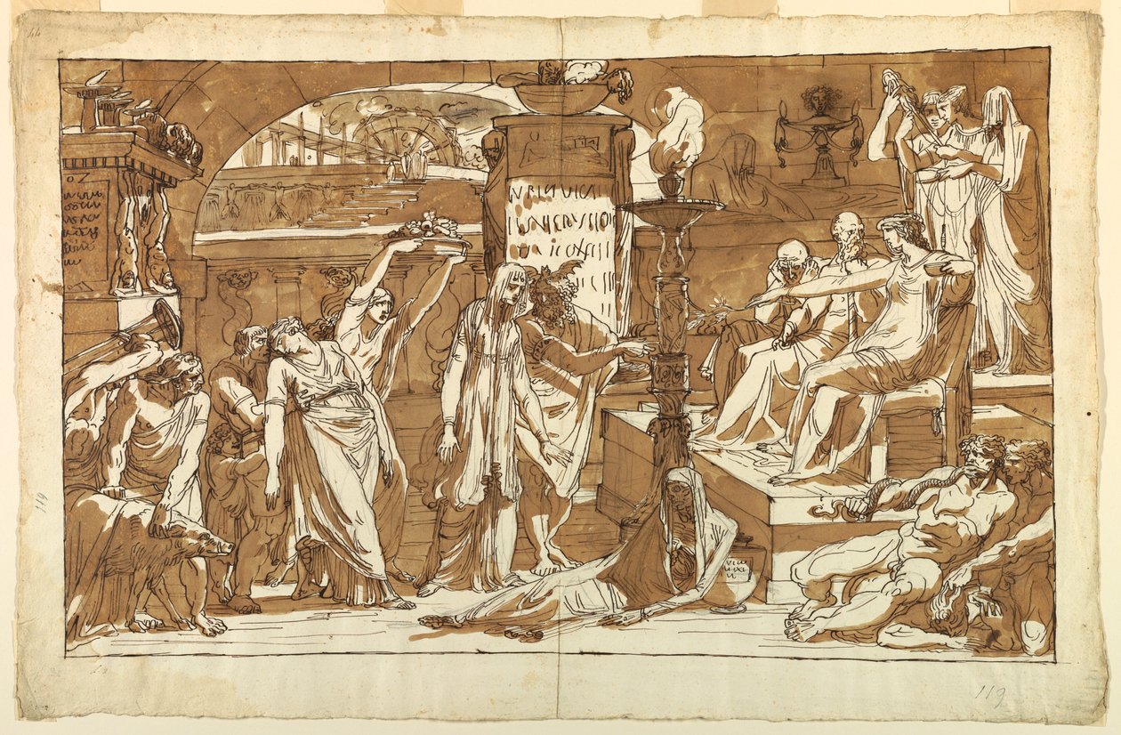 Tegning, Hades; Persefone i underverdenen (offer til Proserpine), ca. 1820 af Felice Giani
