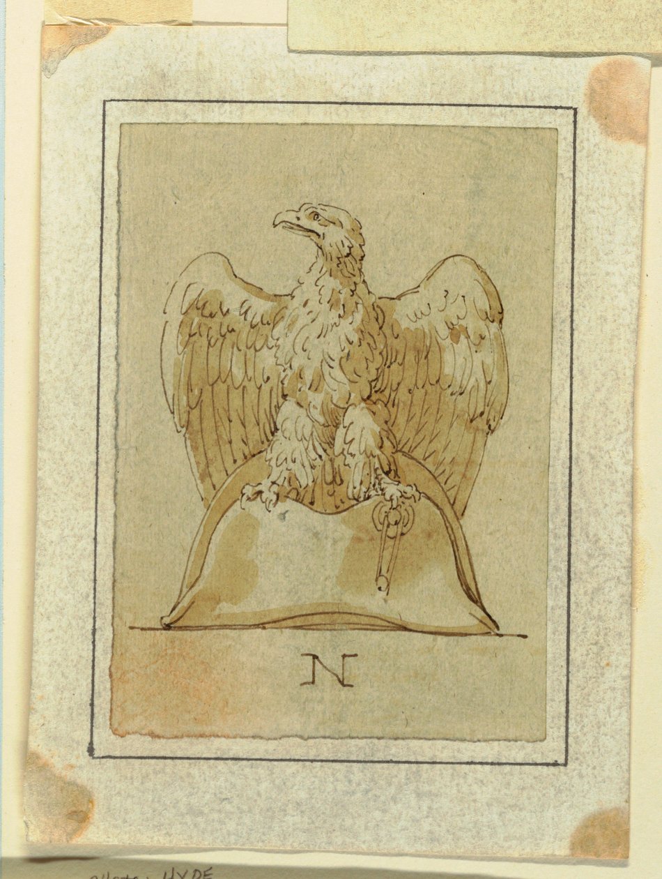 Tegning, projekt: Ørn med indadvendte vinger, stående på en fransk bicorne-hat, ca. 1800 af Felice Giani