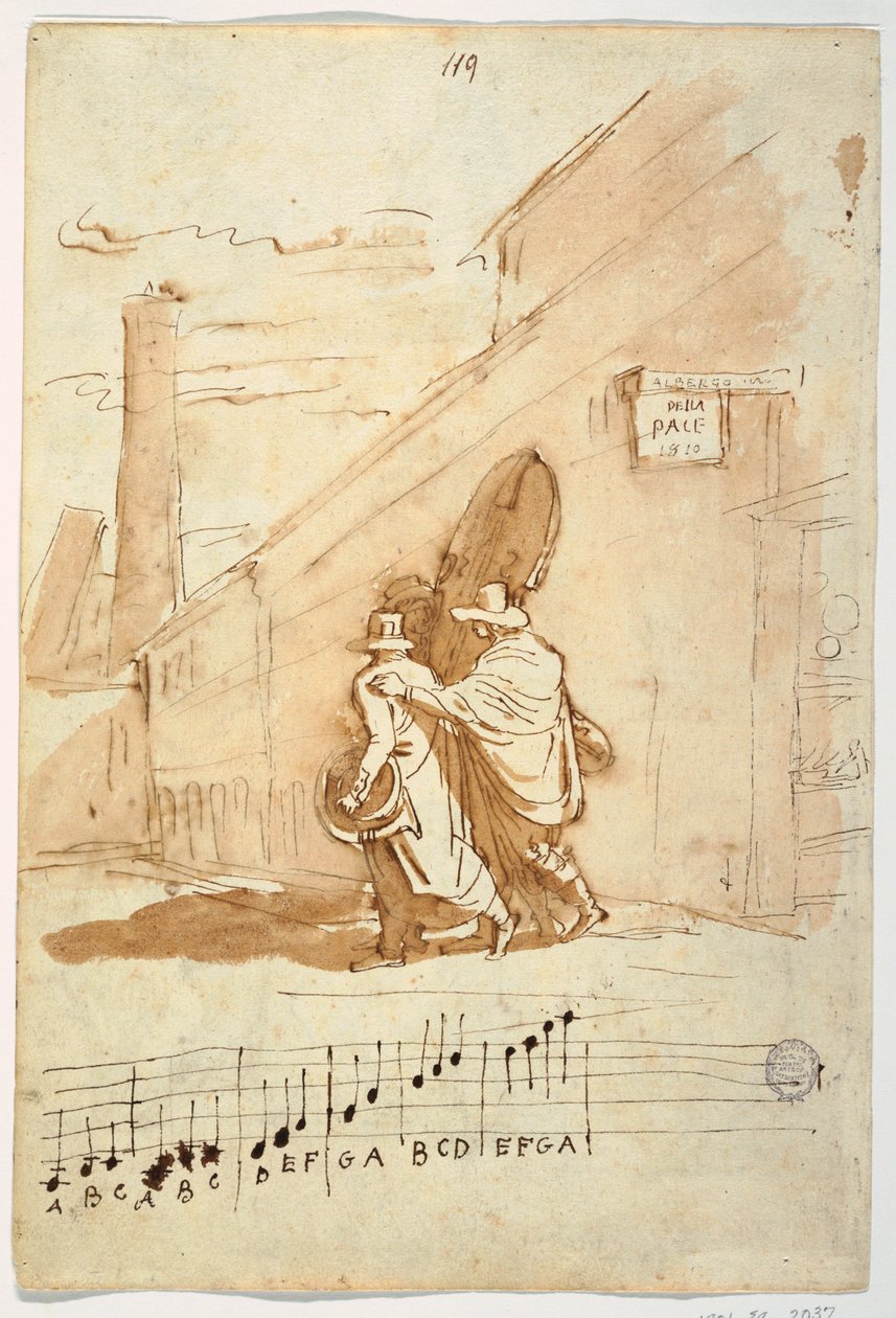 Tegning, recto:  Tre musikere foran Albergo Della Pace, 1810, 1810 af Felice Giani