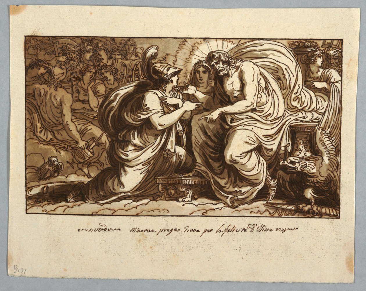 Tegning, ark fra en skitsebog: Minerva spørger Jupiter om Odysseus