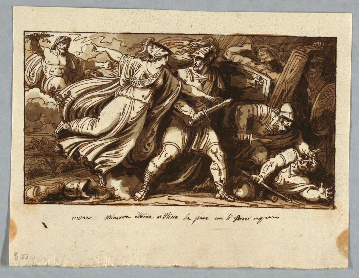 Tegning, ark fra en skitsebog: Minerva beordrer Odysseus til at slutte fred med Penelopes bejlere (Minerva induce Ulisse alla pace con i Proci), før 1805 af Felice Giani