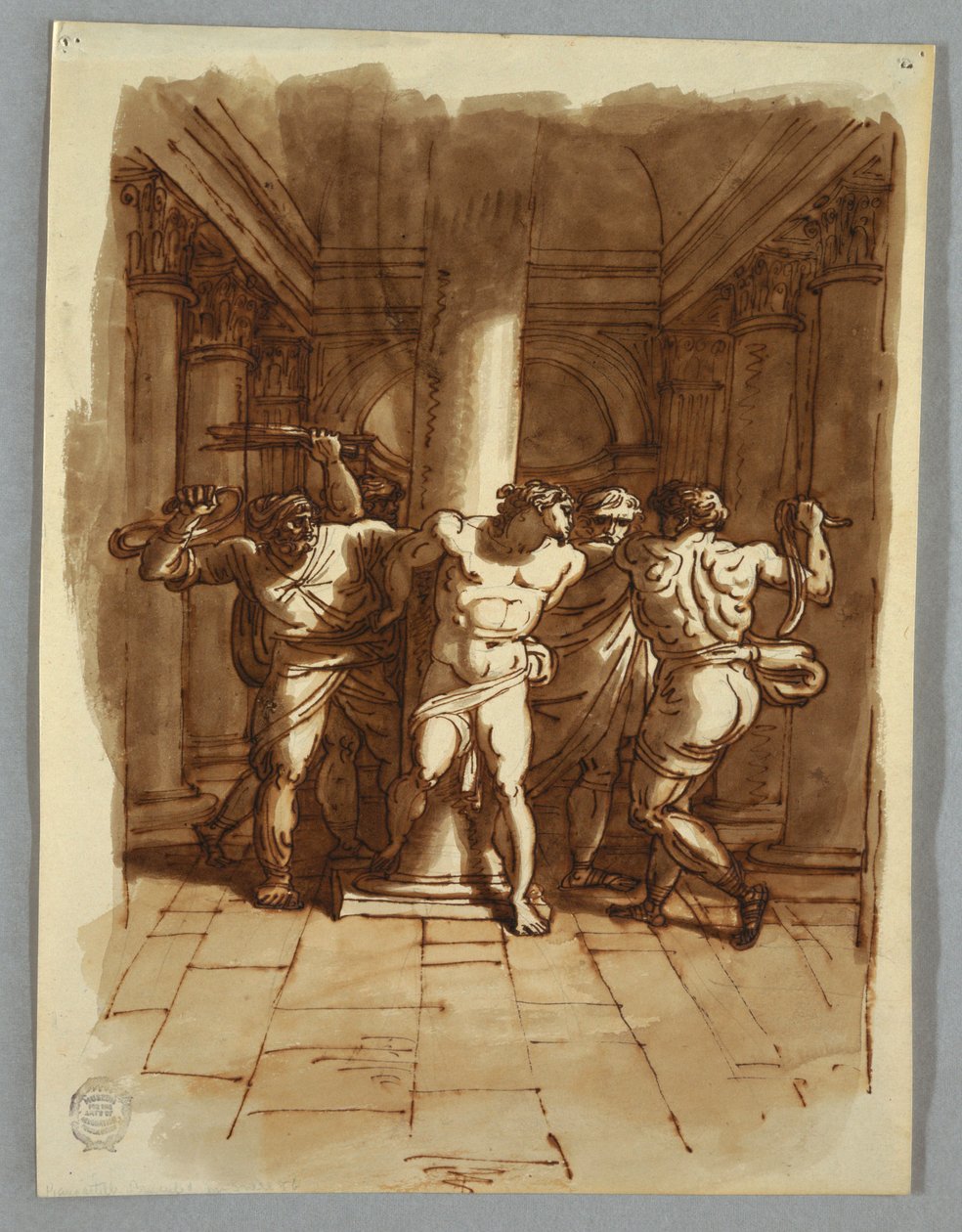 Tegning, side i skitsebog: Kristi flagellation, 1810-15 af Felice Giani
