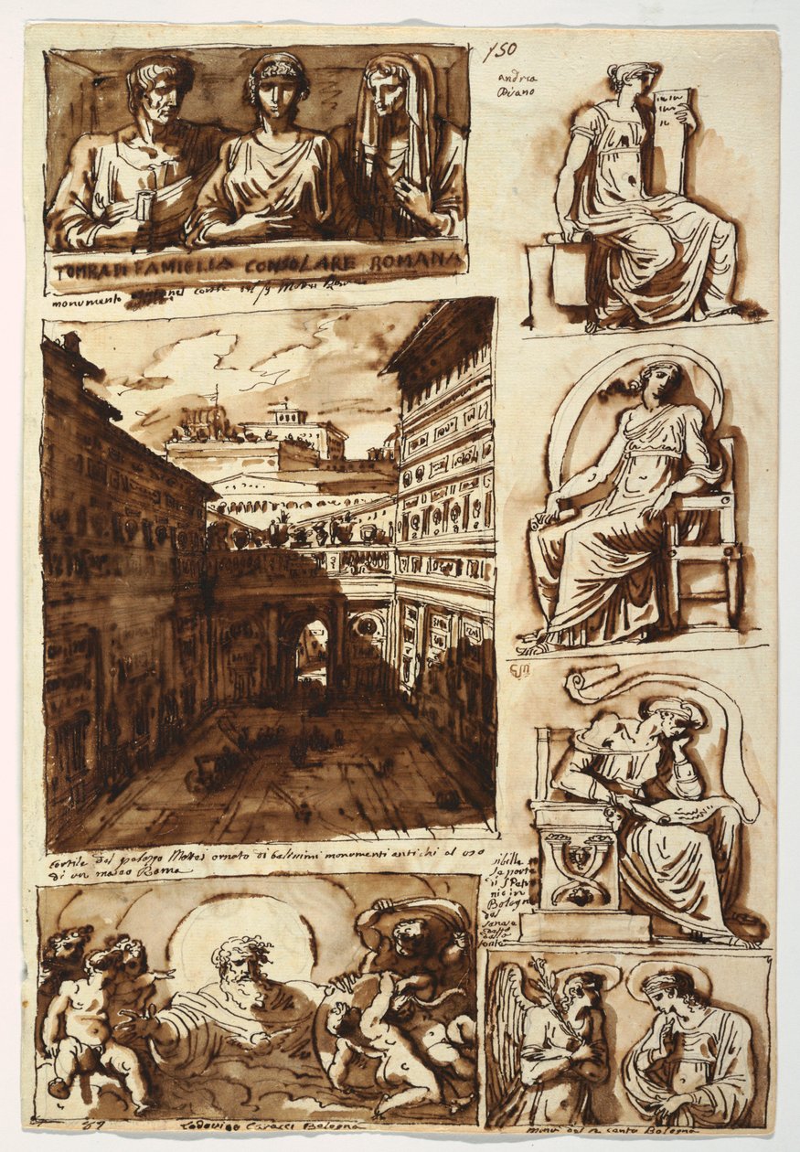 Tegning, forskellige kunstværker.  Hoffet i Palazzo Mattei i Rom, 1812-14 af Felice Giani