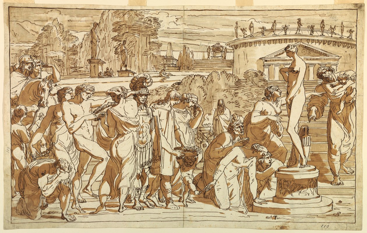 Tegning, Tilbedelse af Venus i et klassisk landskab, ca. 1820 af Felice Giani