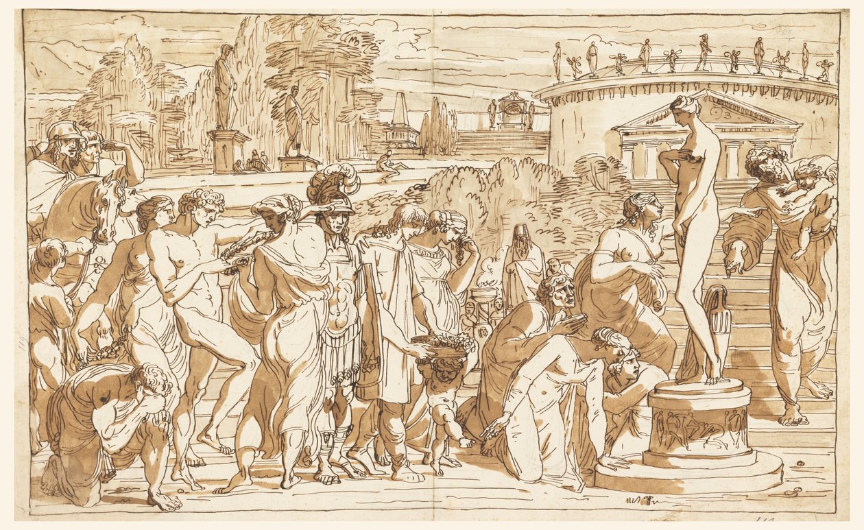 Tegning, Tilbedelse af Venus i et klassisk landskab, ca. 1820 af Felice Giani