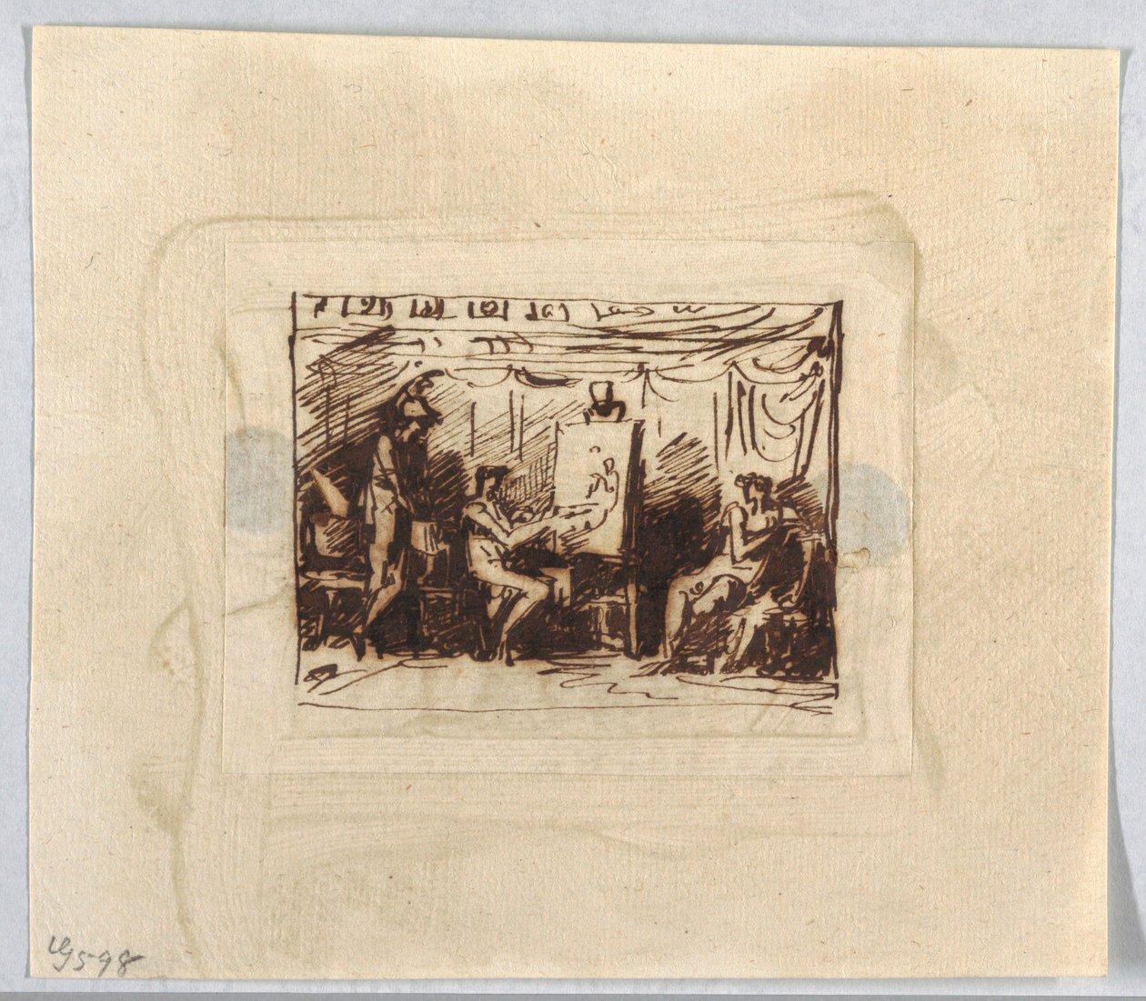 Figurscene med kunstner, der tegner kvindefigur, mens mand ser bagfra af Felice Giani