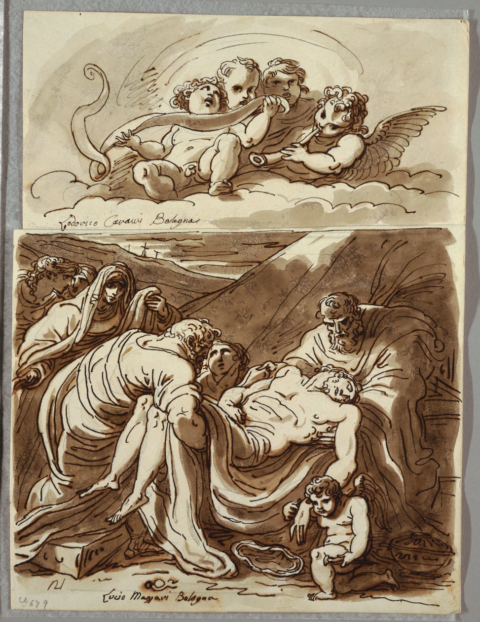 Fire Putti laver musik, studie efter Lodovico Carracci; Kristus, studie efter Massari af Felice Giani