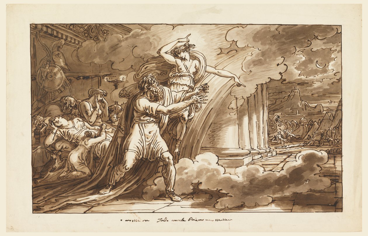 Iris opfordrer Priamos til at bede om liget af Hector fra Achilles af Felice Giani