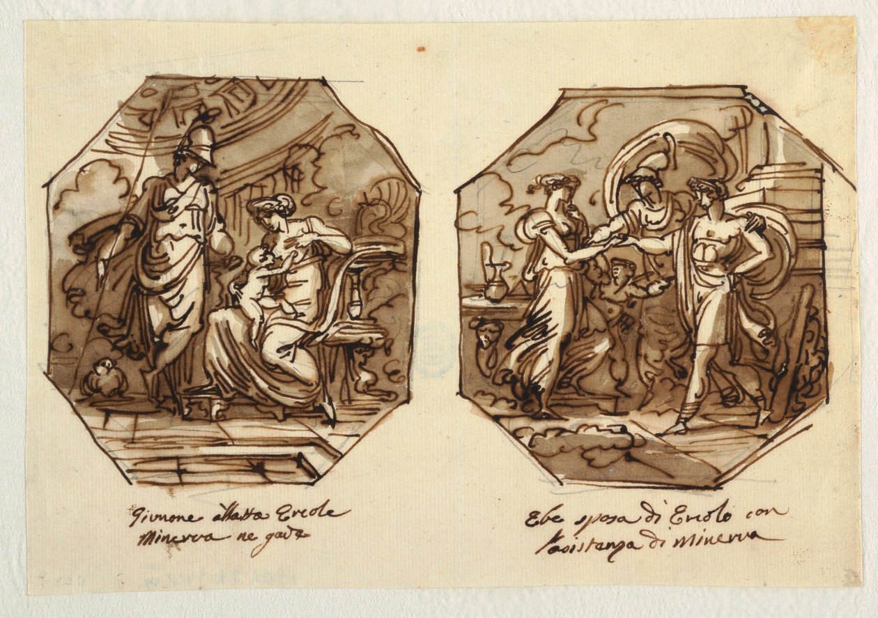 Juno Suckling Hercules, Hebe gifter sig med Hercules med hjælp fra Minerva, designet til Sala di Ercole e Ebe, Palazzo Gaddi, Forli. af Felice Giani