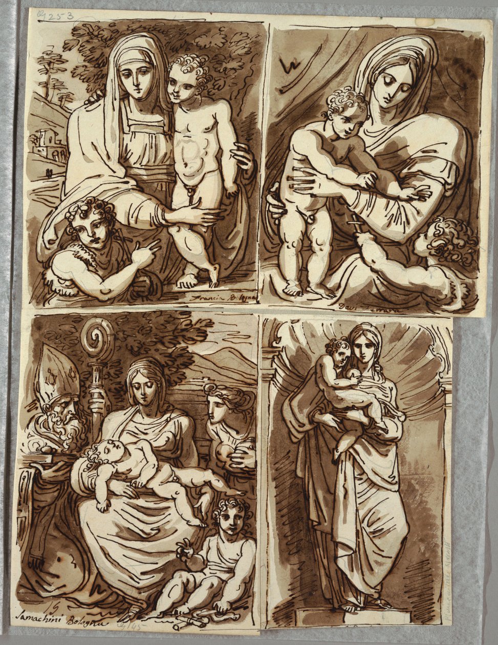 Madonna og Barn og St. John, Studie efter Francia; Madonna og Barn med St. John, Studie efter Dossi; Madonna og Barn med St. John, Biskop Saint, St. Appolonia; Madonna og barn i niche, undersøgelse efter skulptur af Salvator Mundy af Felice Giani