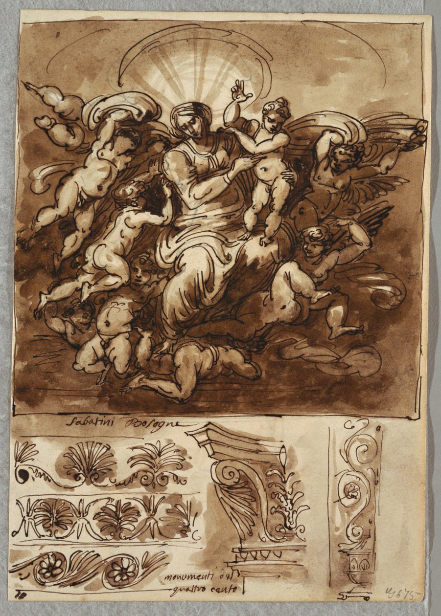 Madonna i herlighed, studie efter Bartolomeo Passeroti Bologna; Arkitektoniske detaljer af Felice Giani