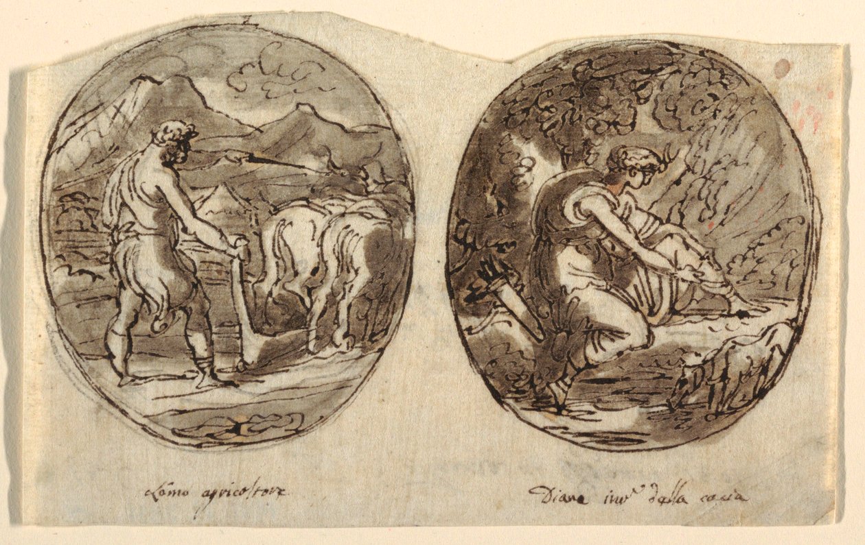 Man the Farmer, Diana the Goddess of the Hunt, Design til hvælvet loft, Sala dei Legislatori, Palazzo Conti-Sinibaldi, Faenza af Felice Giani