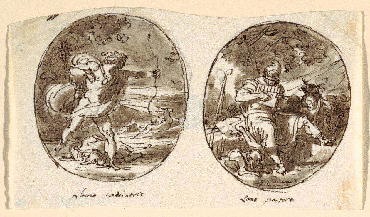 Man the Hunter, Man the Shepherd, Design til hvælvet loft, Sala dei Legislatori, Palazzo Conti-Sinibaldi, Faenza af Felice Giani