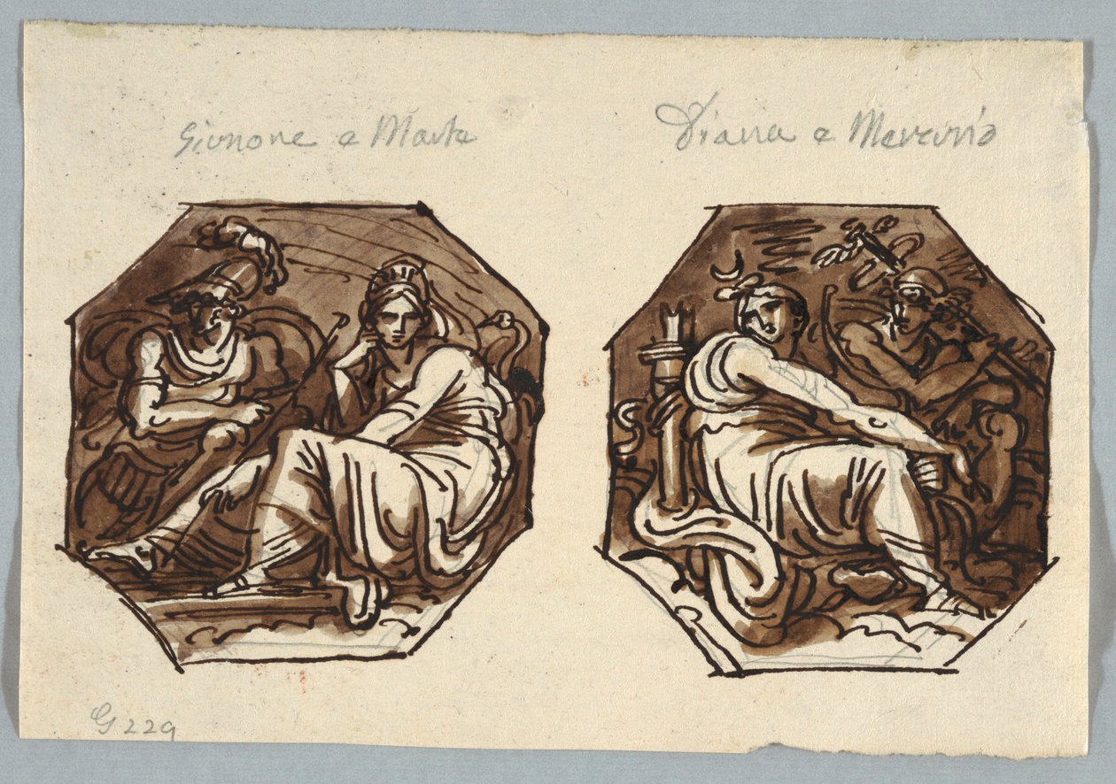 Mars og Juno; Mercury og Diana i diagonal komposition af Felice Giani