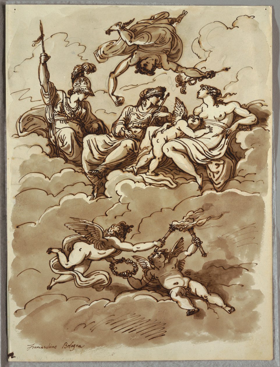Minerva, Merkur, Juno og Venus på skyer, undersøgelse efter Marcantonio Franceschini af Felice Giani