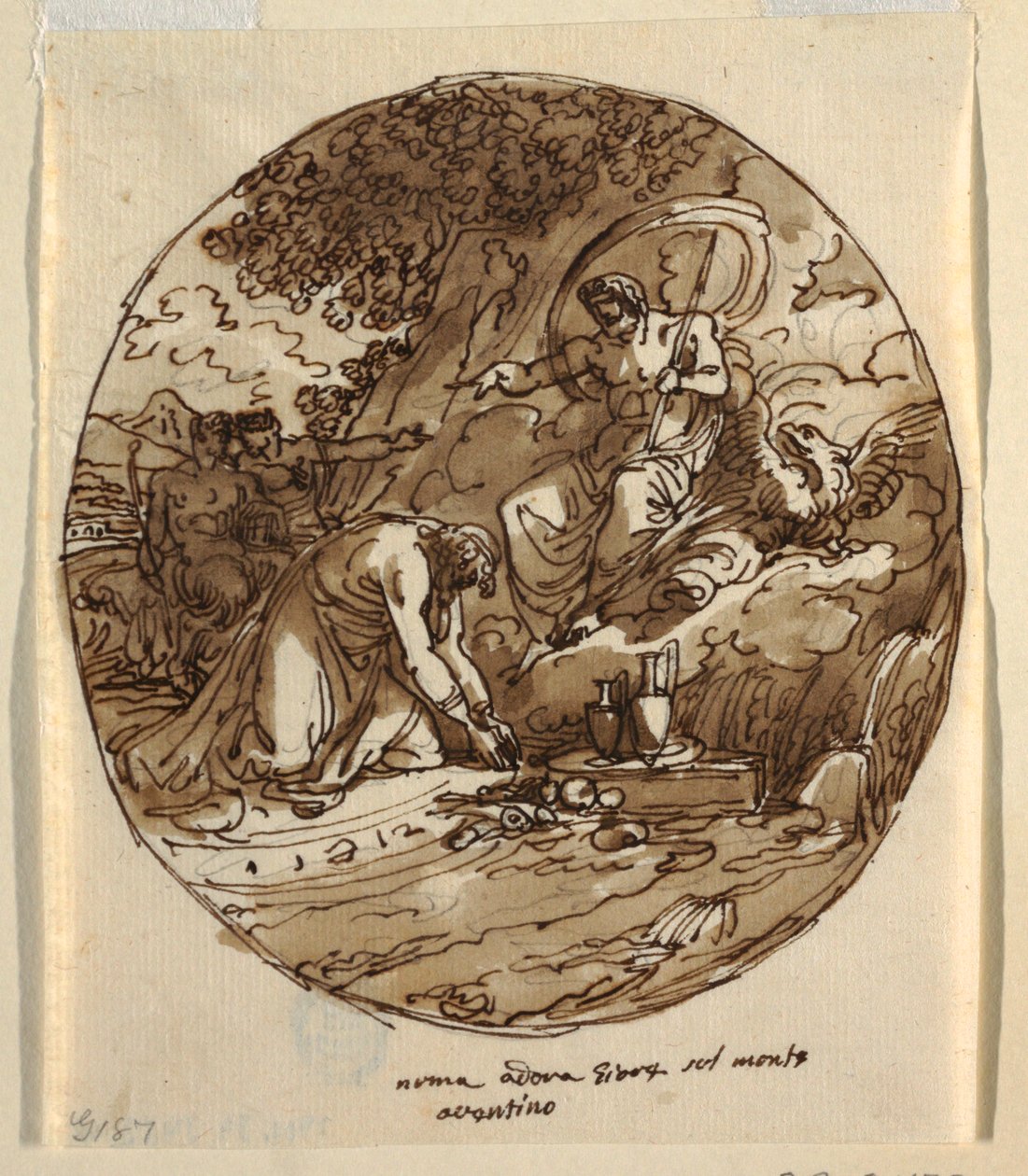 Numa Pompilius tilbeder jove på Aventinen, loftdesign til Sala di Numa Pompilius, Palazzo Milzetti, Faenza af Felice Giani