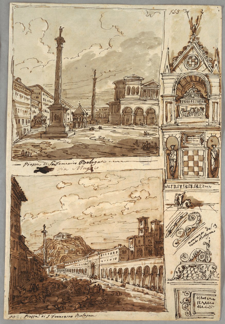 Piazza San Domenico i Bologna; Piazza San Francesco og Villa Aldini i Bologna; Studie af Glossatoris grav af Felice Giani