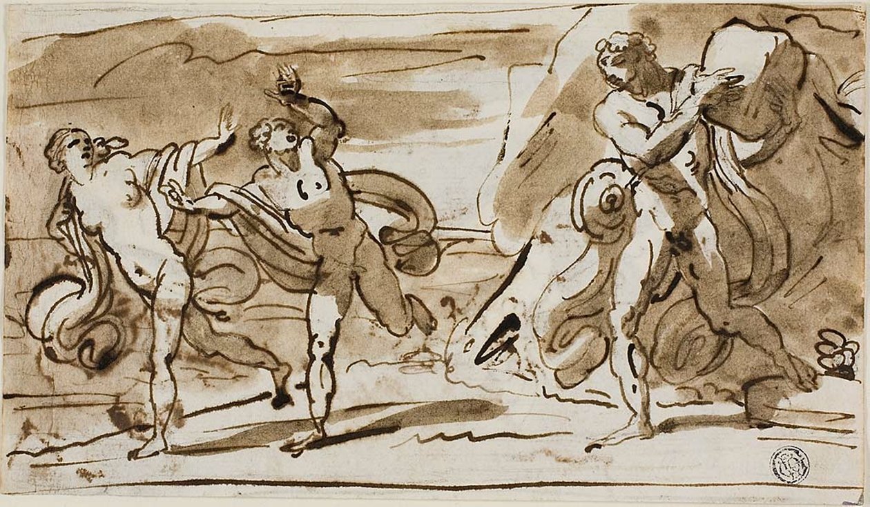 Polyphemus kaster kampesten mod de flygtende Aeis og Galatea (recto); Polyphemus Playing His Reed Pipes for Galatea (verso) af Felice Giani