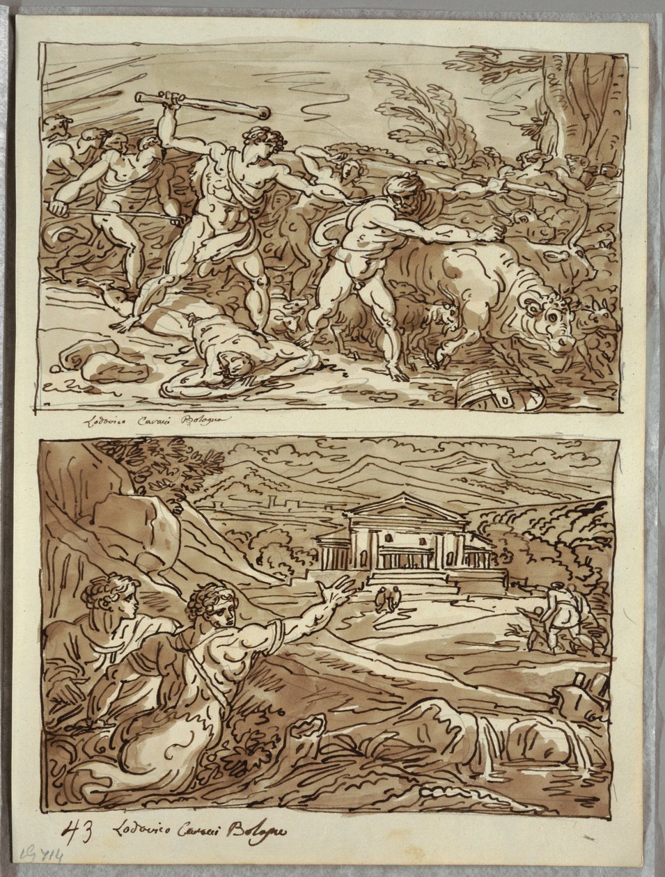Remus kører væk og dræber flokkernes røvere; Helligdom for de flygtninge på Campidoglio, to studier efter Carracci af Felice Giani