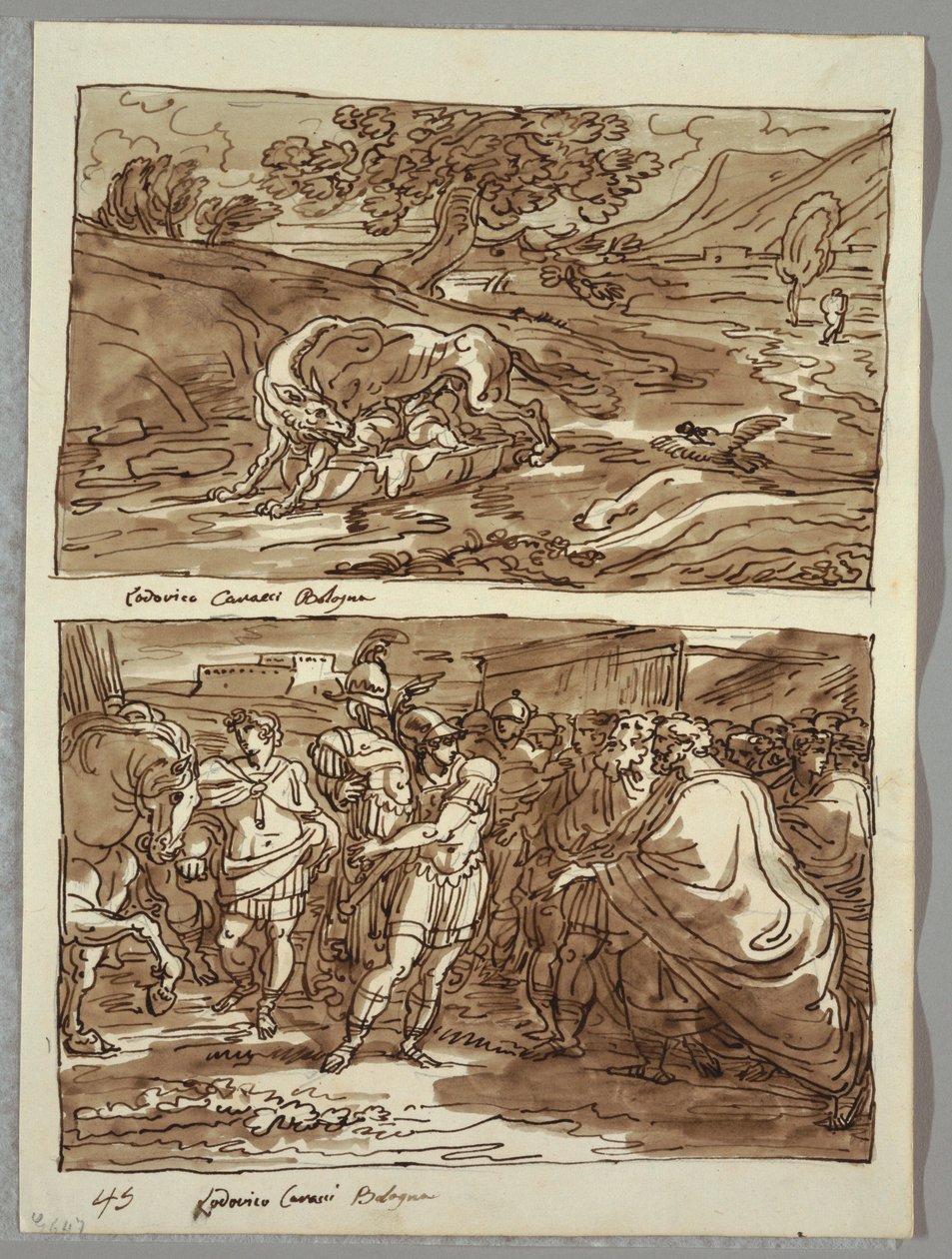 Romulus og Remus diede ulven; Romulus dedikerer Jove Feretrius byttet af den erobrede kong Acronius, to studier efter Carracci af Felice Giani