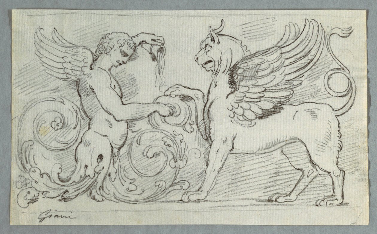 Skulpturfrise med halvfigur af Winged Boy og Griffon af Felice Giani