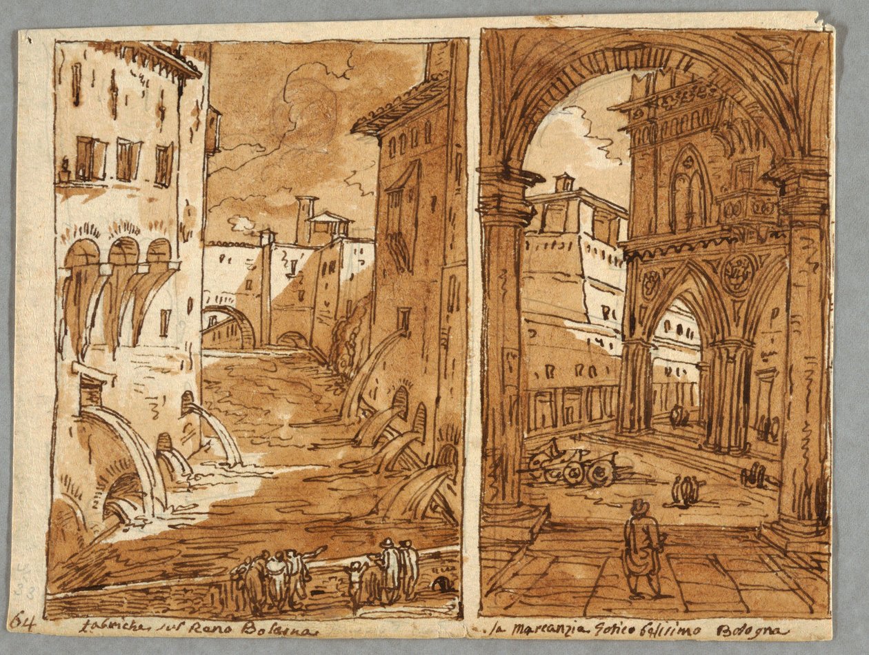 Skitsebogsside, Folio 64: Studie efter Bolognesisk arkitektur og skulptur; Verso: Geometriske designs af Felice Giani