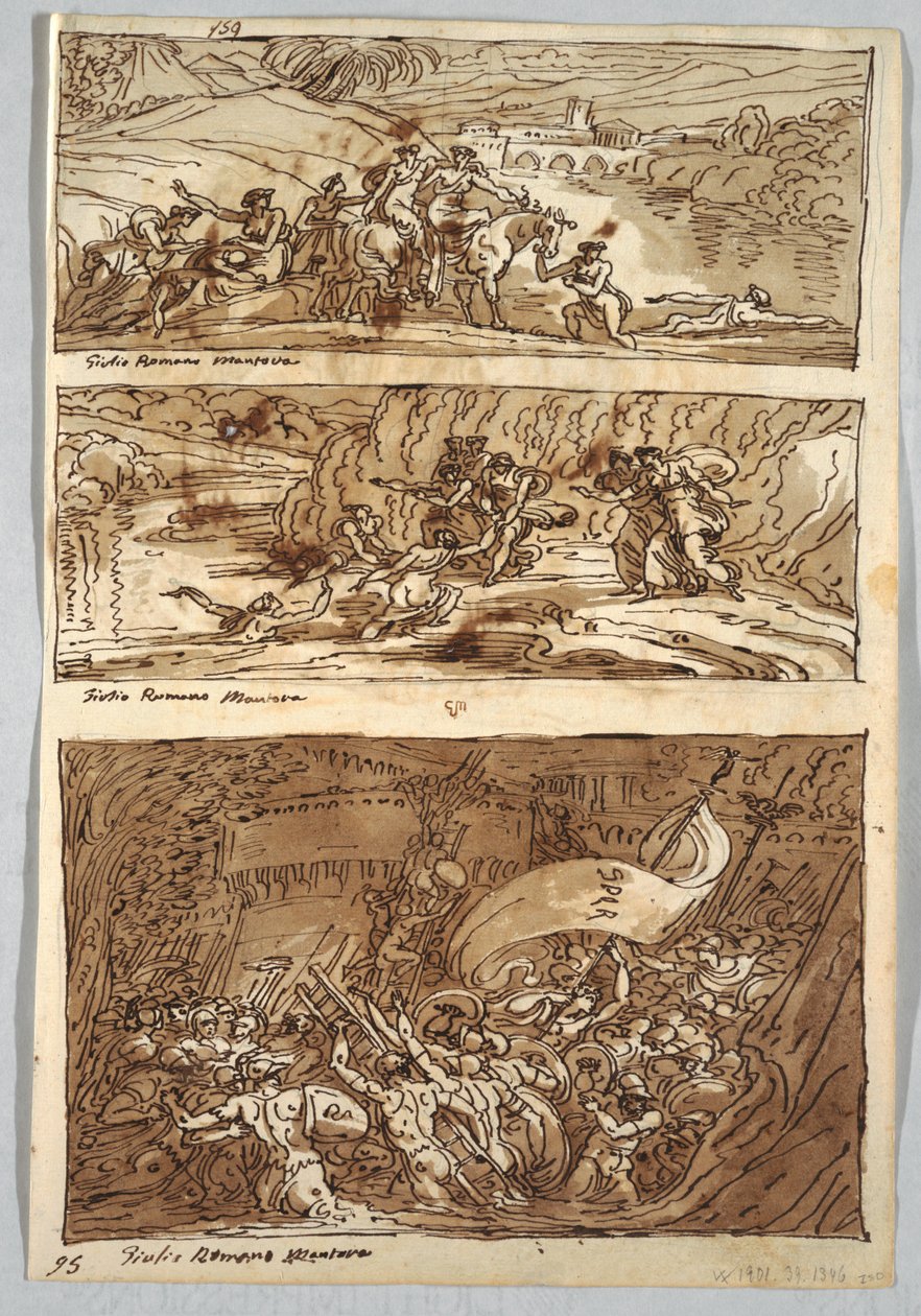 Skitsebogsside, Folio 95: Tre malerier efter Giulio Romano; Verso: Løve og Ørn af Felice Giani