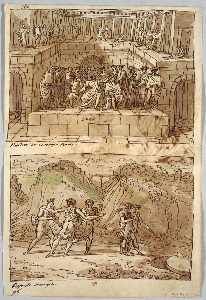 Skitsebogsside, Folio 98: To malerier efter Caravaggio og Raphael; Bagside: Ørn og Okse af Felice Giani