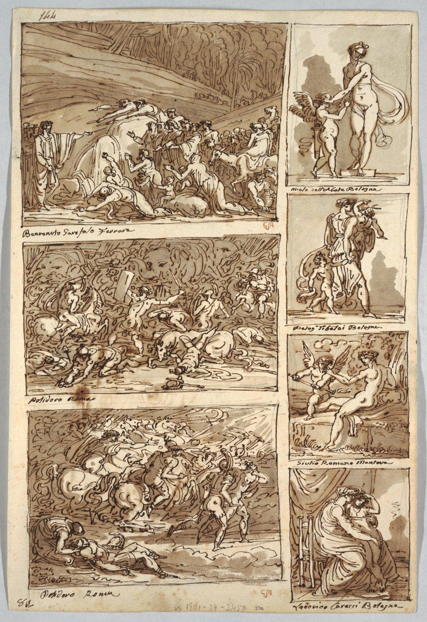 Skitsebogsside: Studier efter malerier i Ferrara, Rom, Bologna, Mantua efter kunstnerne Tibaldi, Raphael, Andrea del Sarto og Polidoro; Bagside: Fugleskelet og hestehoved af Felice Giani