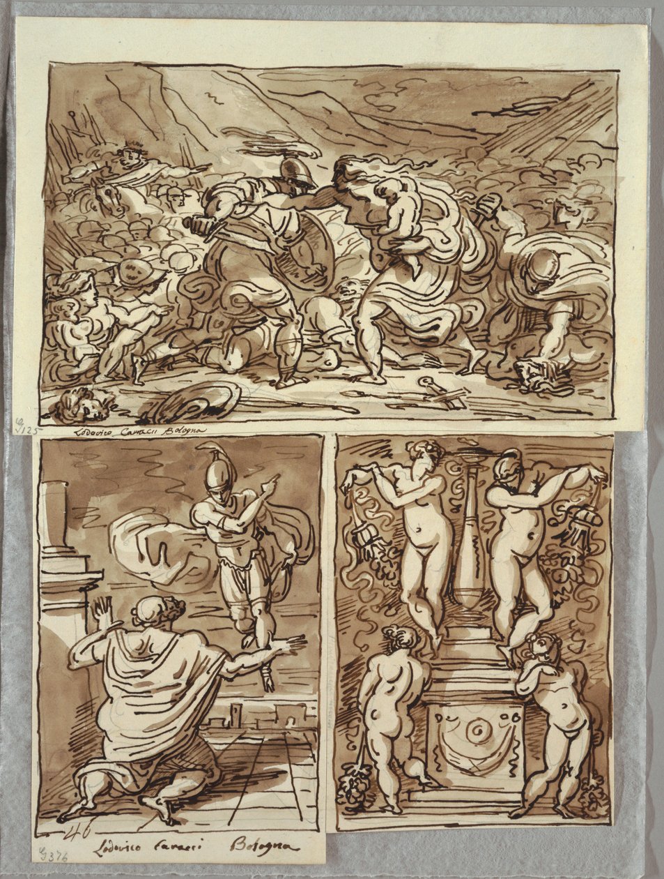 Kampen mellem romerne og sabinerne; Tilsynekomst af Romulus til Proculus, To Studier efter Carracci; Kandelaber af Felice Giani