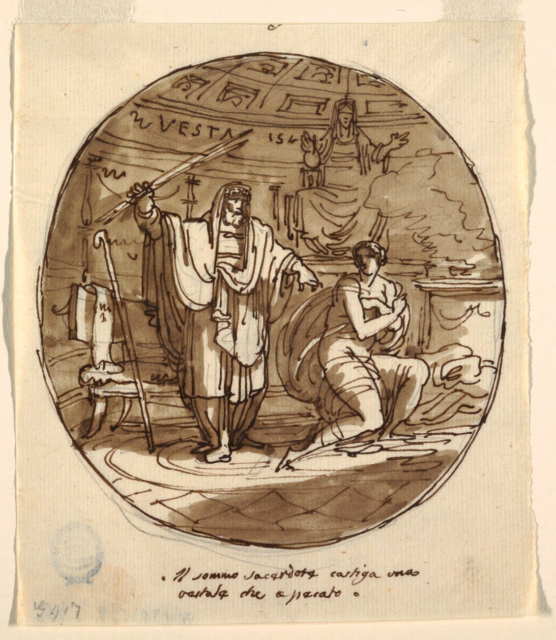 Ypperstepræsten straffer en vestalsk jomfru, Hall of Numa Pompilius, Palazzo Milzetti, Faenza af Felice Giani